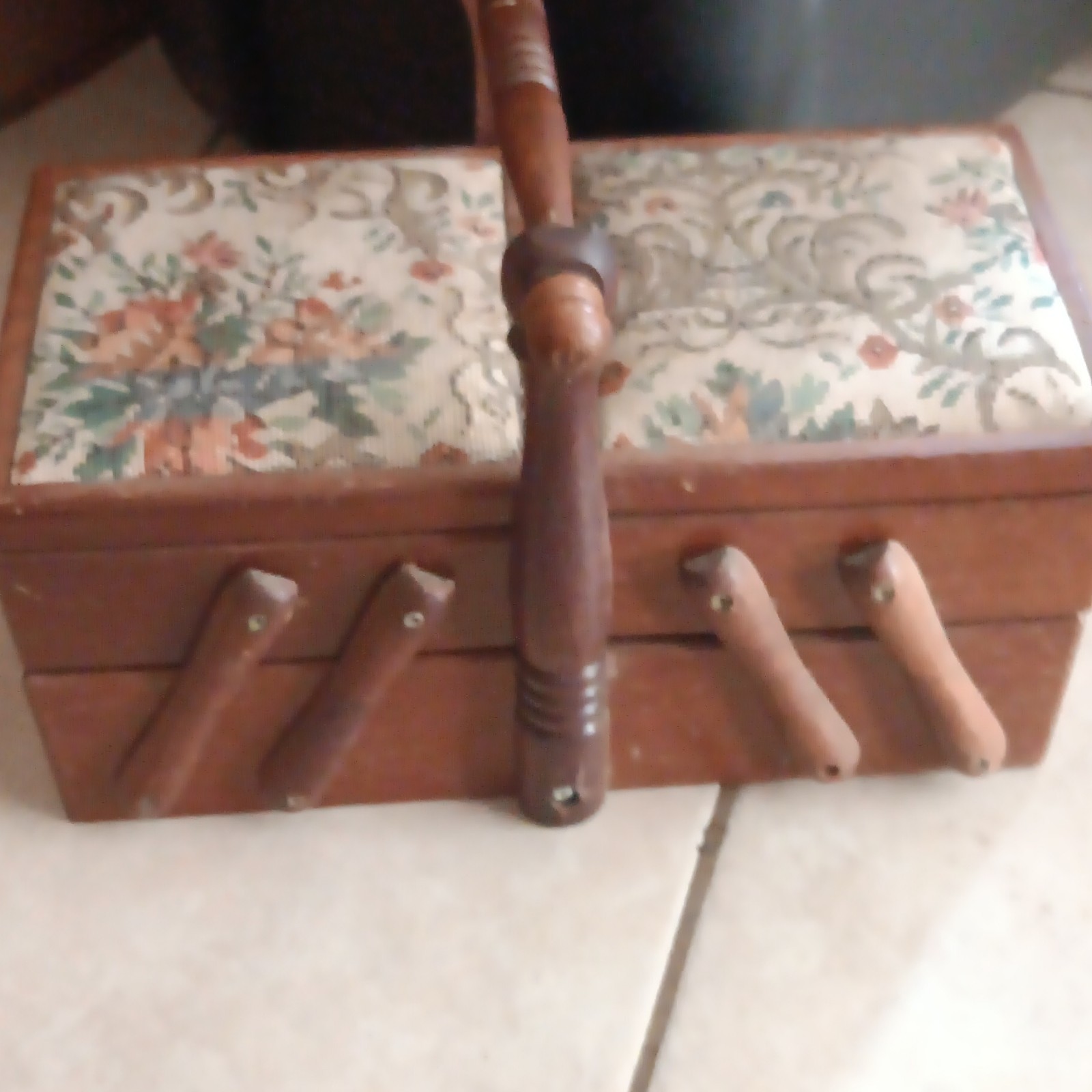 Vintage Wooden Sewing/ Jewelry Box w/ Handle, Brown Base, Floral Fabric Lid