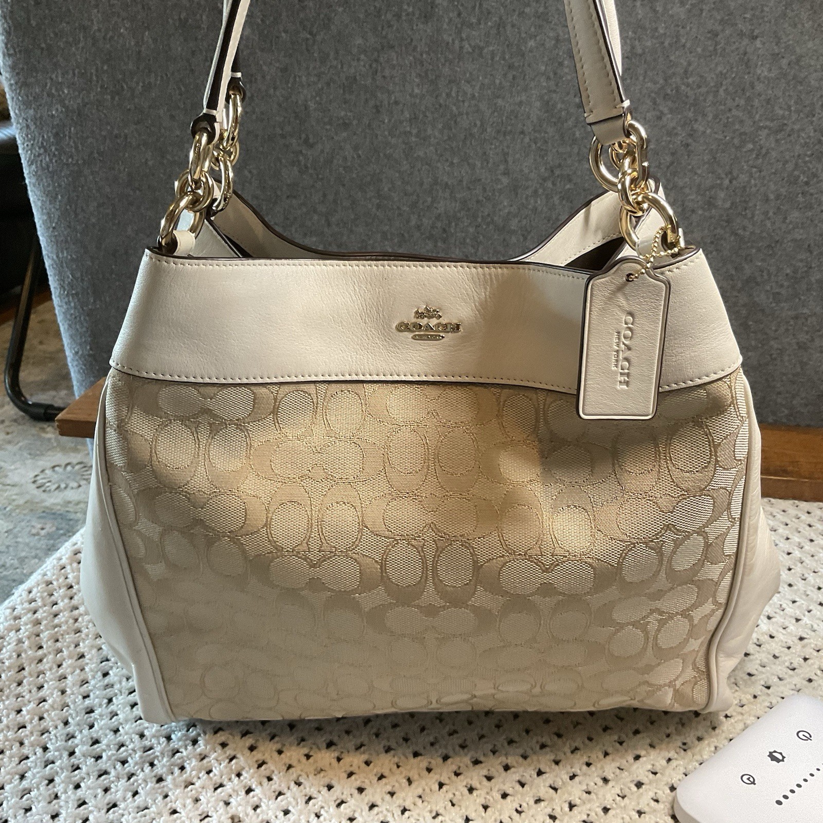 Coach Signature Lexi Jacquard Light Khaki/Chalk Shoulder Bag Handbag F57612 EUC