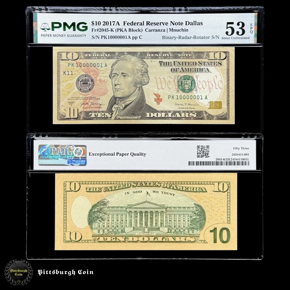 FR 2045-K 2017A $10 Ten Dollar Bill Binary Radar Rotator 10000001 PMG 53EPQ