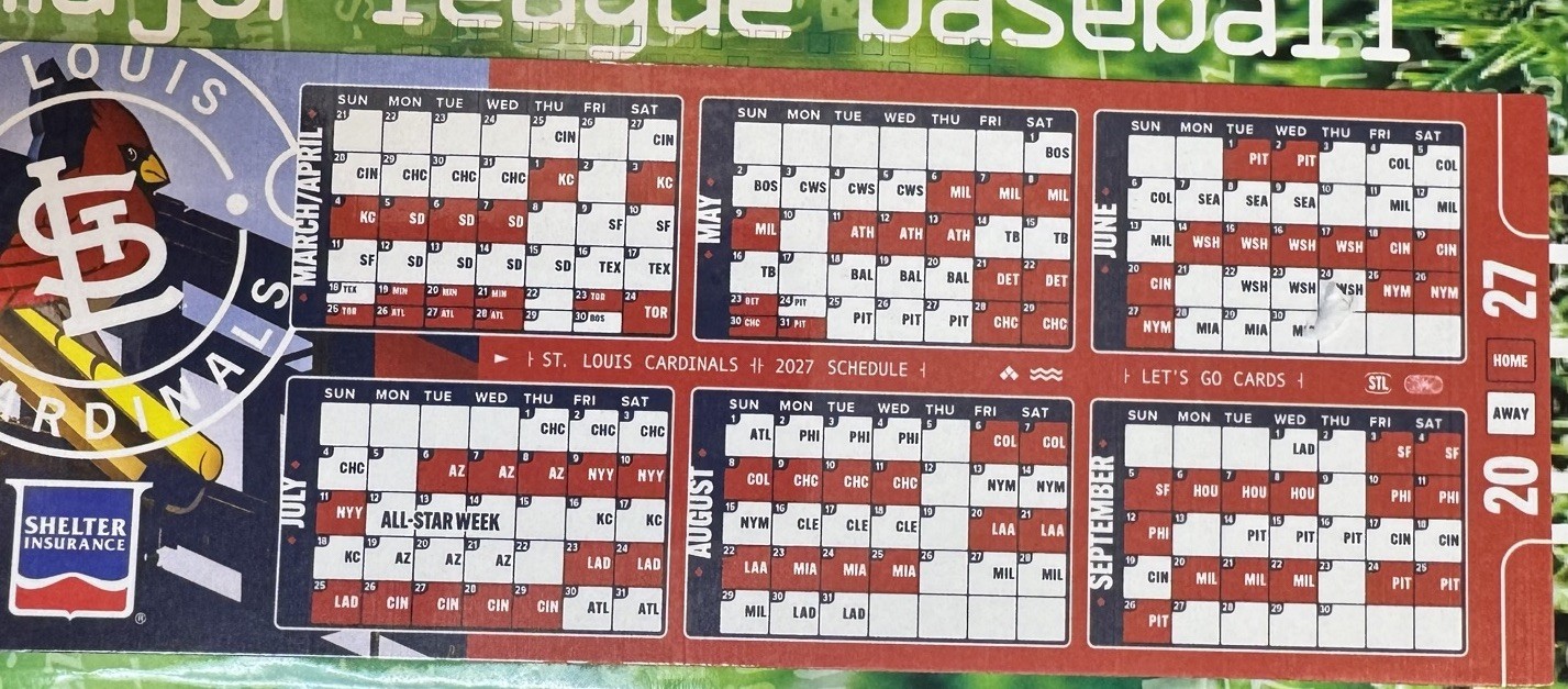 ST LOUIS CARDINALS  2027 Magnetic Schedule - SGA 9/20/26 - NEW 2027 Magnet NEW