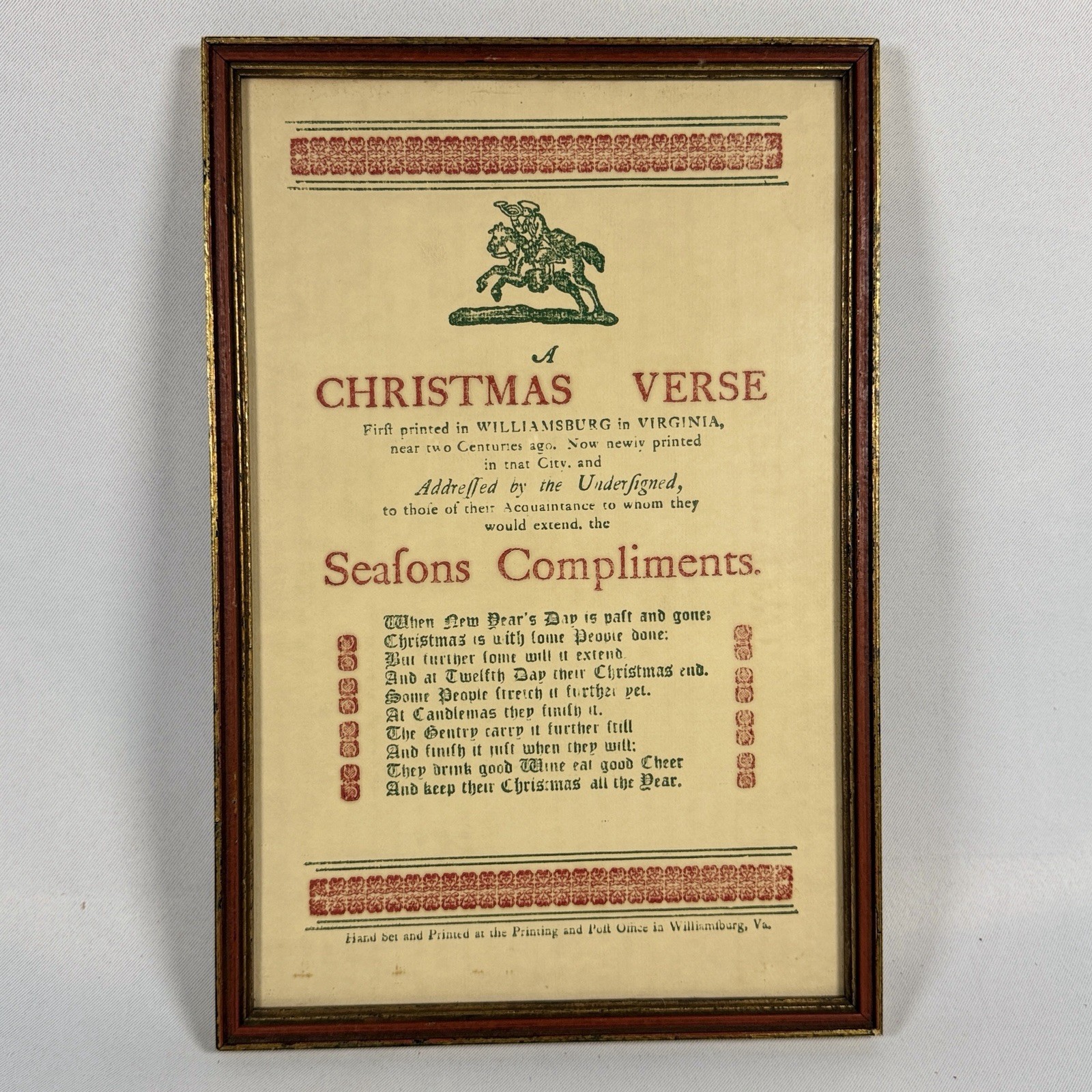 Vtg Colonial Williamsburg A Christmas Verse Framed Print Hand Set Typography