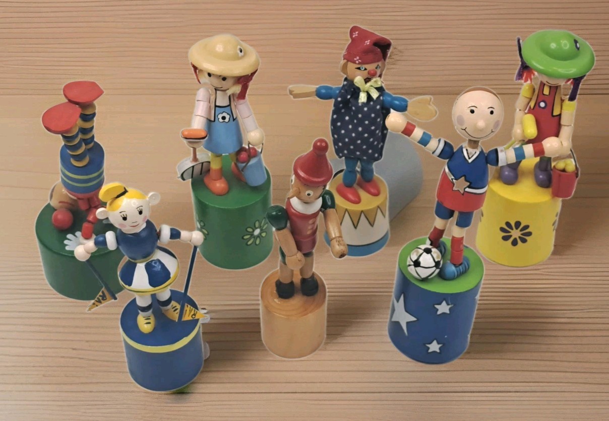 Vintage Wooden Push Puppets Lot Of 7 Toys Wood See Photos For Details 