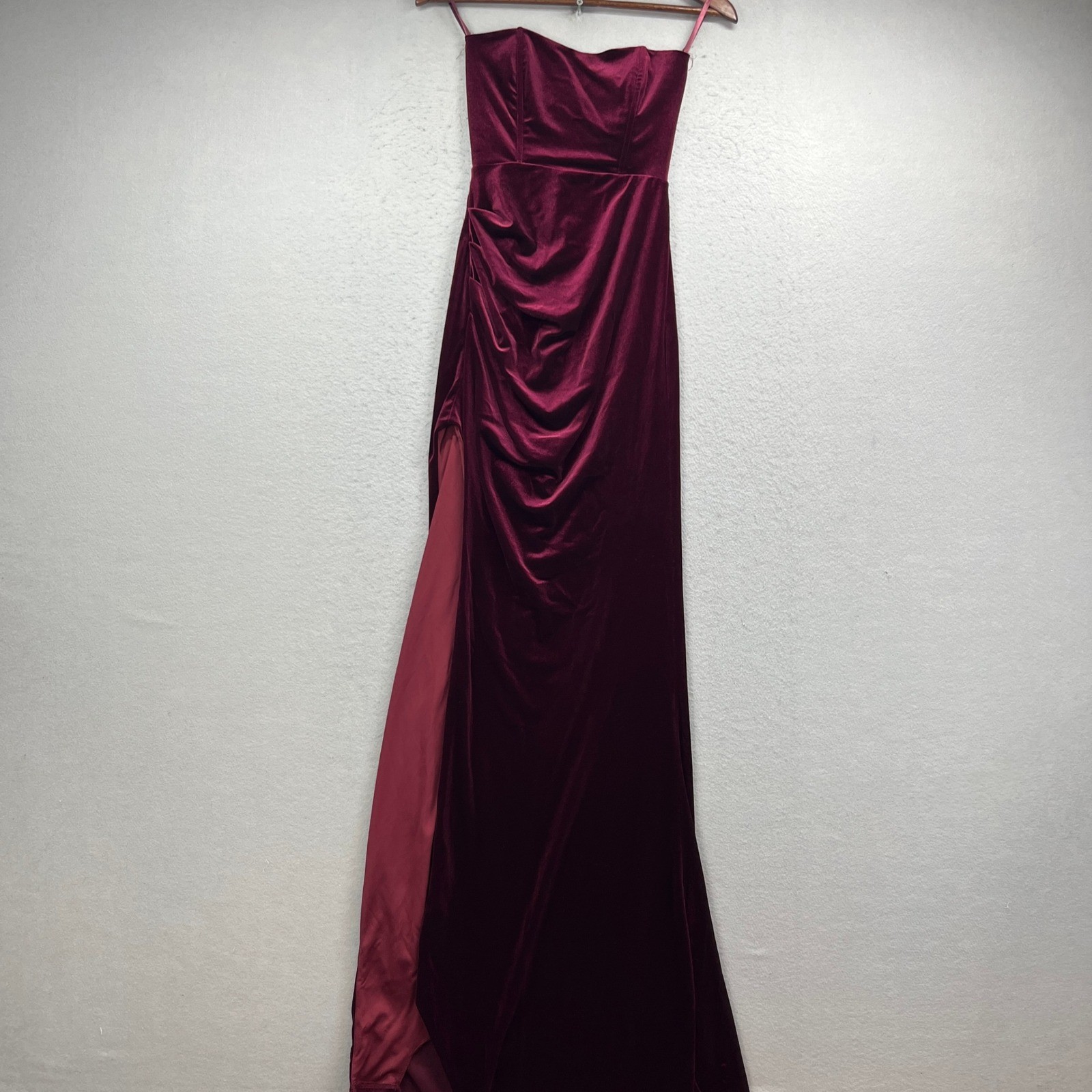 Windsor Gown Dress Womens S Burgundy Velvet Strapless Ruched Slit Formal Evening