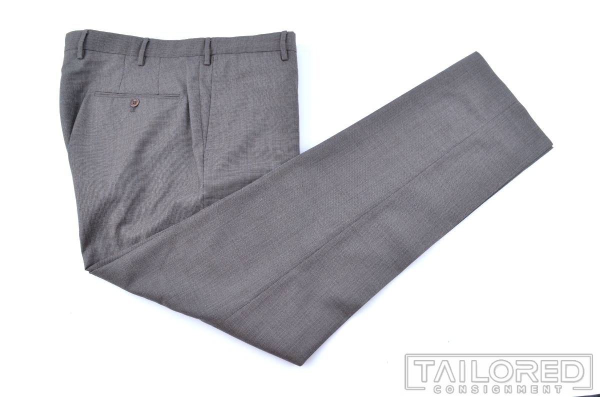 INCOTEX Taupe Gray Micro Houndstooth Wool Luxury Flat Front Pants Trousers - 34
