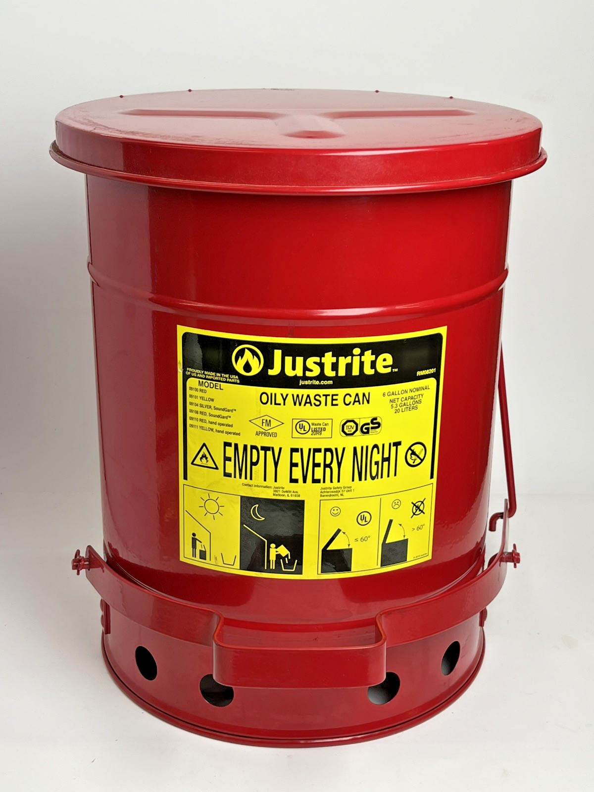 Justrite 6 Gallon Red Metal Safety Oily Waste Can RM08201 USA Multiple Available