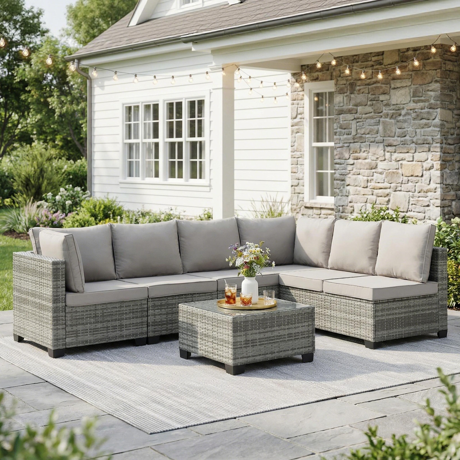 7 PCS Patio Set Wicker Sofa Sectional with Glass Table for Backyard Deck 6 Seat