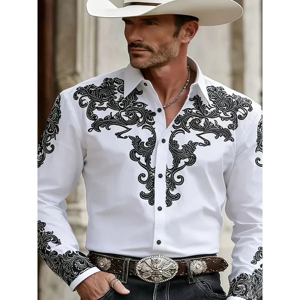 Men\'s Western Cowboy Shirt Long Sleeve Retro Printing Casual Buttons Down Shirt Men\'s Western Cowboy Shirt Long Sleeve Retro Printing Casual Buttons Down Shirt