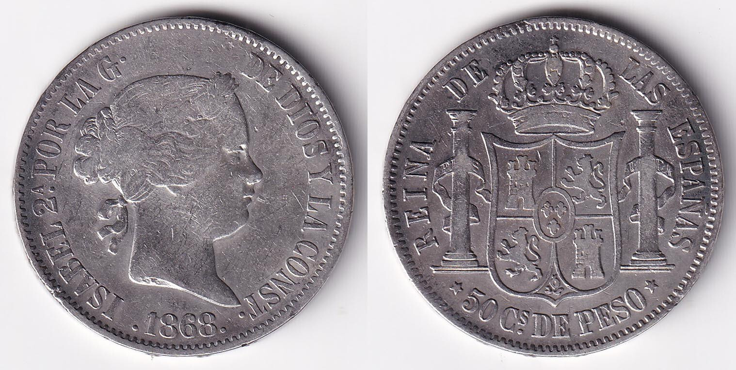 1868 ISABEL II 50 Centimos Spanish Philippine Silver Coin KM# 147, Stock - Z7
