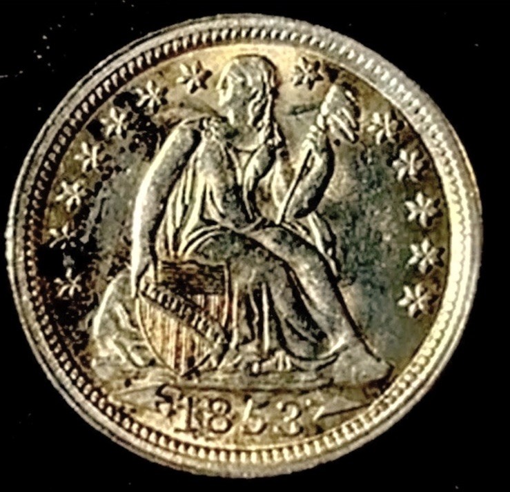 1853 Seated Liberty Silver Dime 10c High Grade UNC BU Toned W Cartwheel Luster 1853 Seated Liberty Silver Dime 10c High Grade UNC BU Toned W Cartwheel Luster