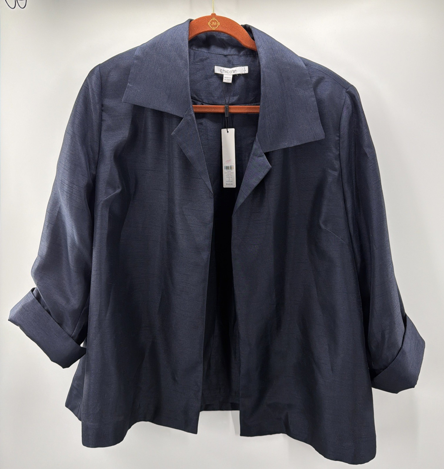 Chico’s Satin Shantung Topper Jacket Sz L Open Front Navy Pockets Blazer NWT