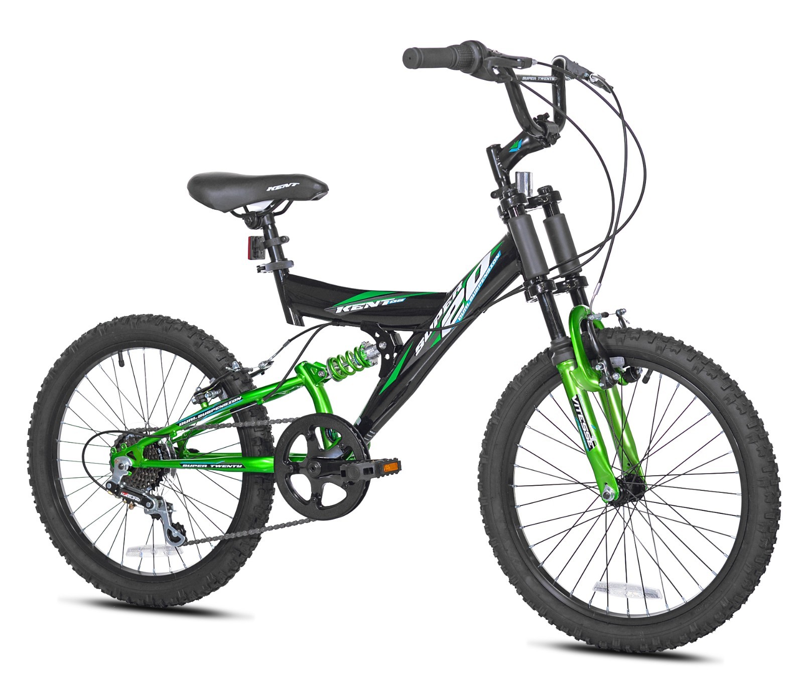 NEW Kent Super 20 Kids Mountain Bike Dual Suspension 7-Speed Green 20