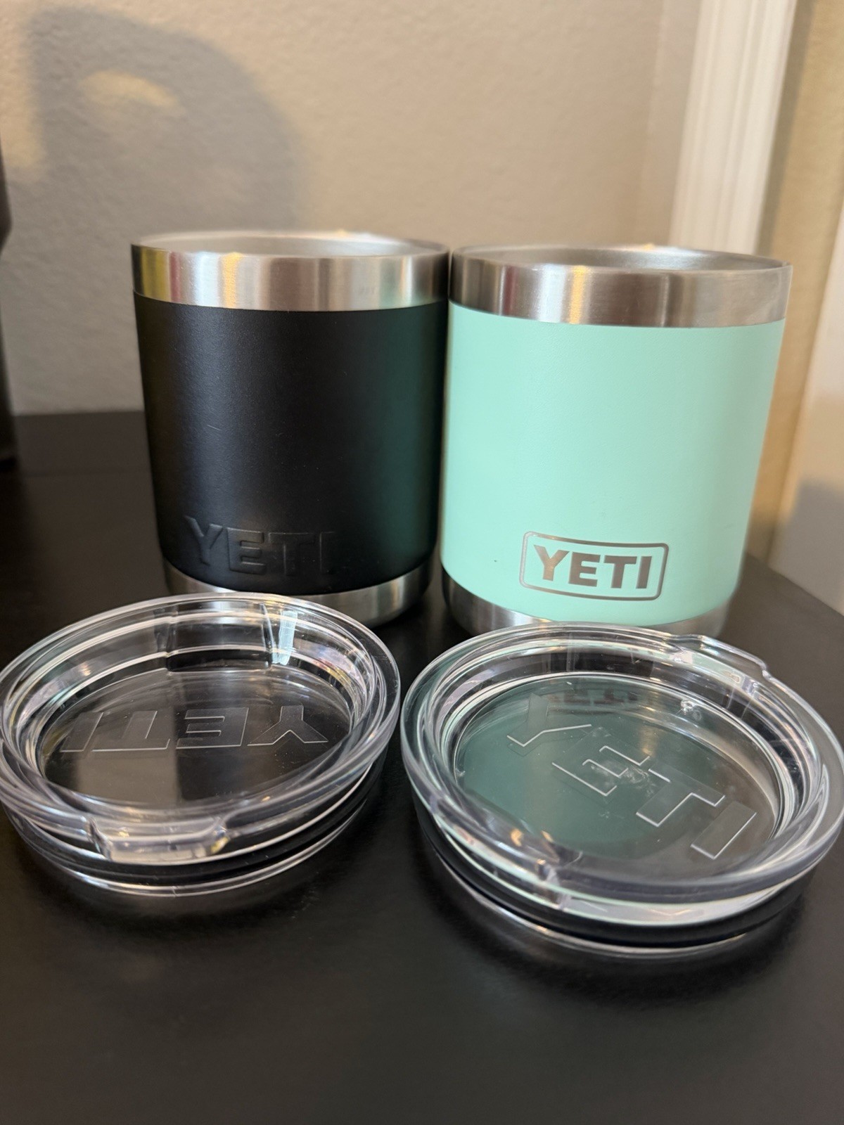 Set of 2 YETI Rambler 10 oz Lowball Tumblers Stainless Steel Seafoam &Black Lids Set of 2 YETI Rambler 10 oz Lowball Tumblers Stainless Steel Seafoam &Black Lids