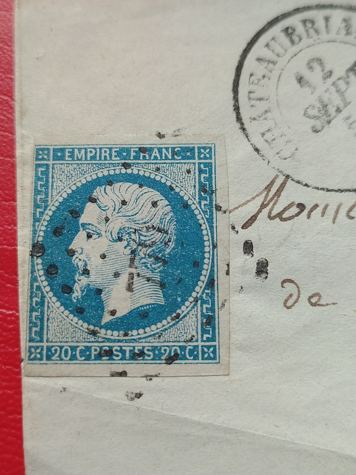 Timbre France,1857 Date,Paris,Napoleon,Light Blue 20 Ct,On Fragment (2509_3)