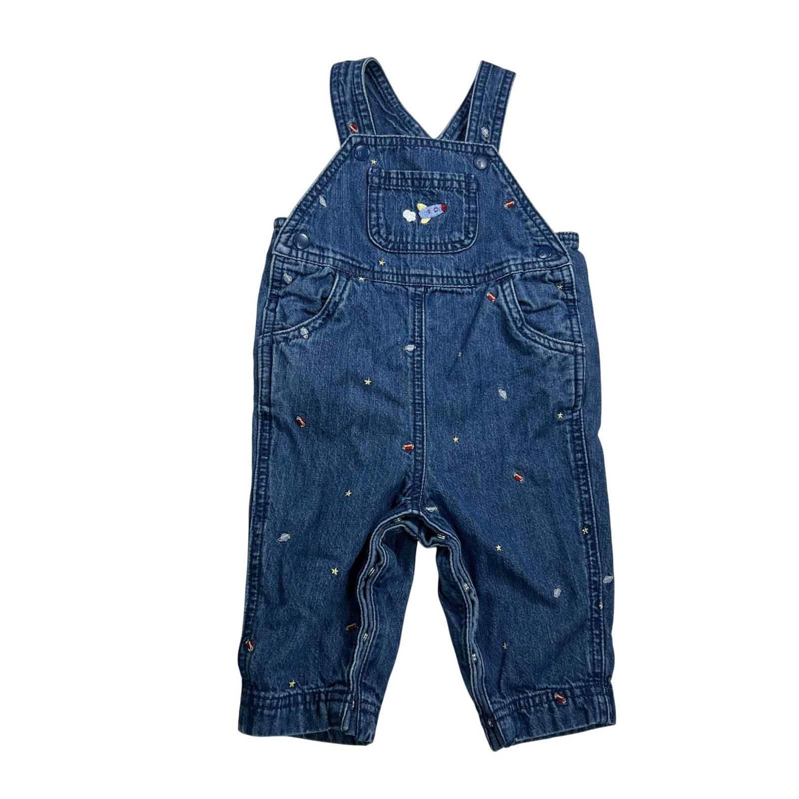Vintage 2001 Gymboree Space Rocket Ship Denim Overalls Blue 3-6M Embroidered