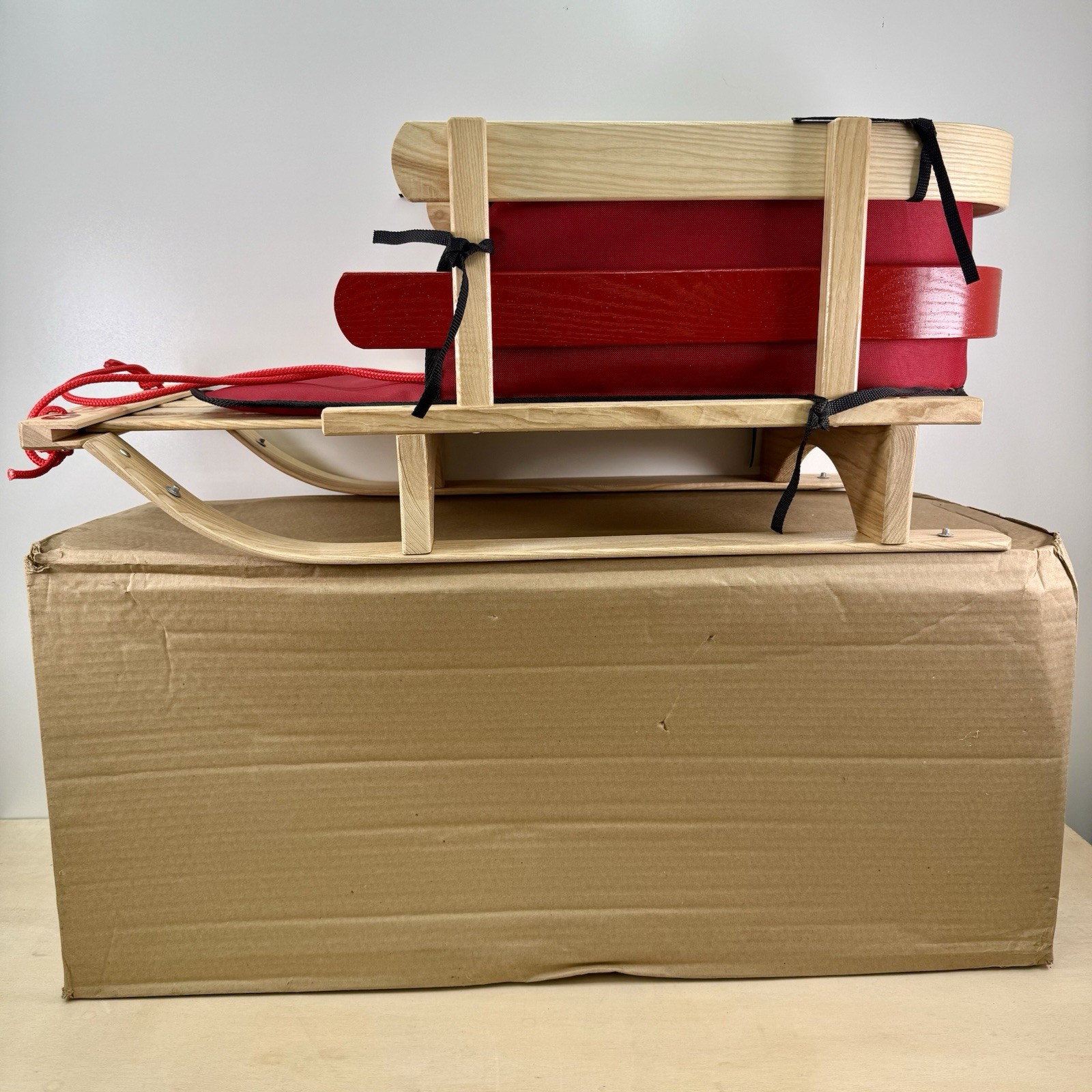 L.L. Bean Kids Children Wood Pull Sled and Red Cushion Set Small LLBean - NEW L.L. Bean Kids Children Wood Pull Sled and Red Cushion Set Small LLBean - NEW