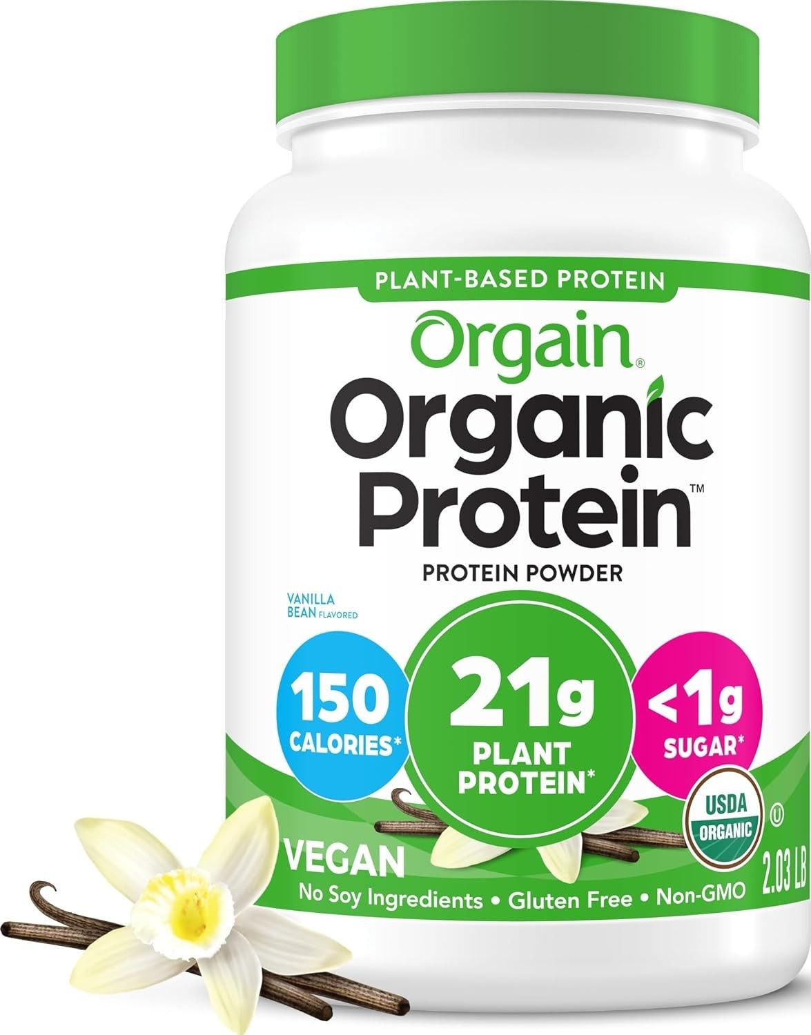 Organic Vegan Protein Powder, Vanilla Bean, 21g Protein, 2.03 lb Organic Vegan Protein Powder, Vanilla Bean, 21g Protein, 2.03 lb