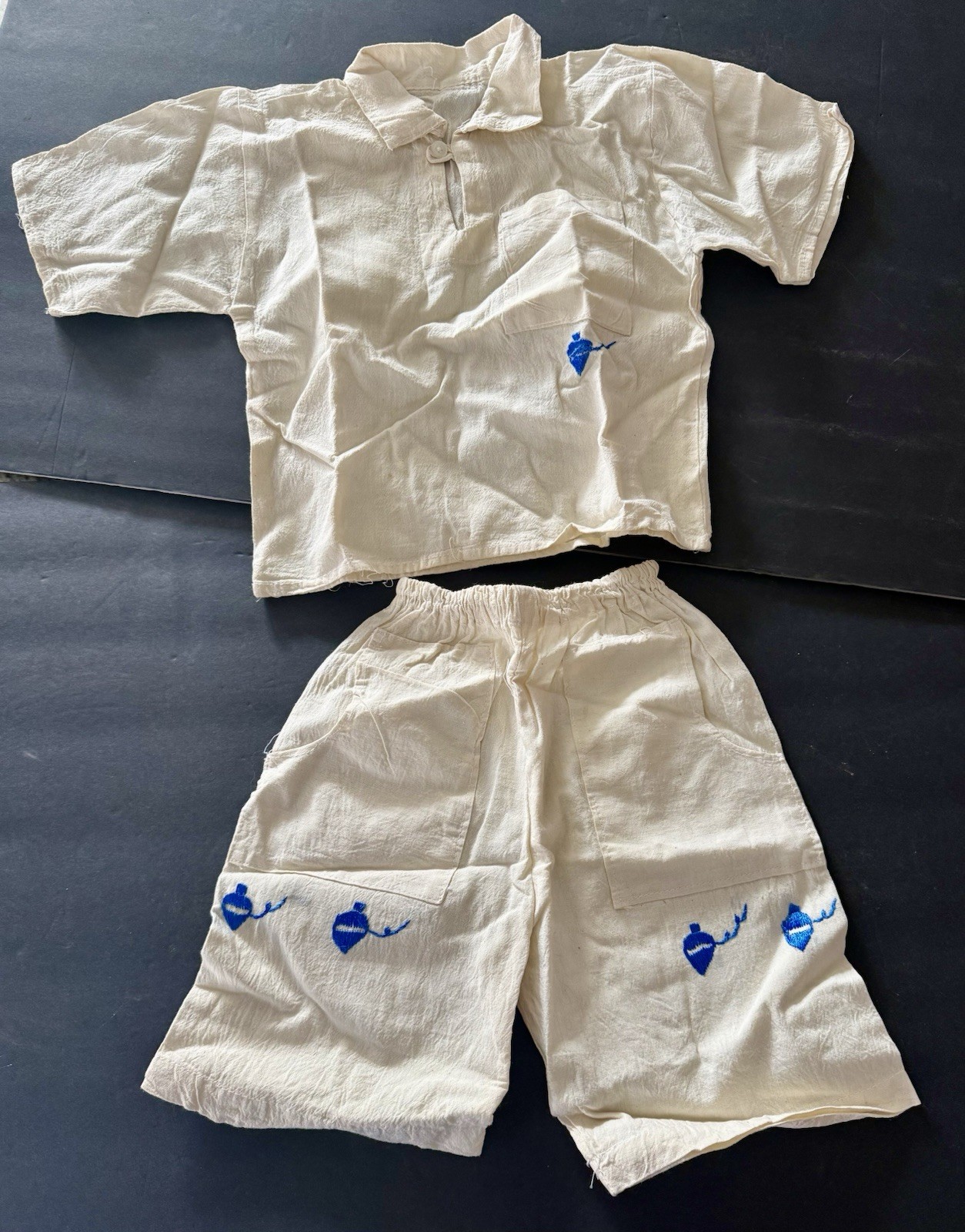 Antique Linen Baby Toddler Outfit Embroidered Blue Top Motif 2 Pc Set.
