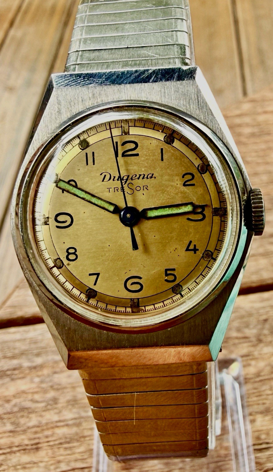 Vintage 1950s Dugena Tresor Ref:8882 Edelstahl Mechanical Watch Orignl Band RUNS