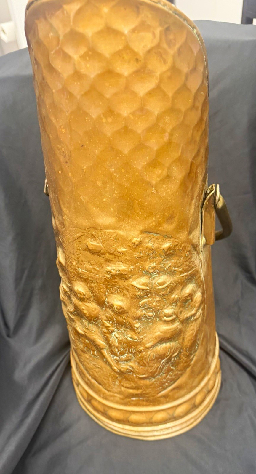Vintage Hammered Copper Brass Coal Scuttle Embossed Tavern Scene Fireplace Hod