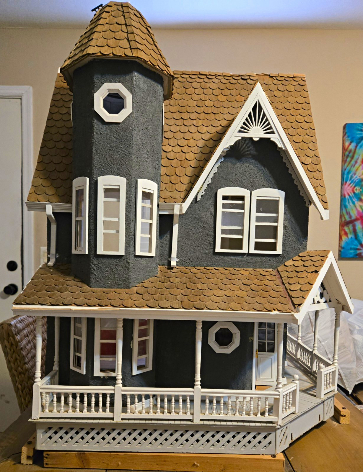 Victorian Wooden Dollhouse 1:12 Scale 7 Room 2-Story Wraparound Porch Gray