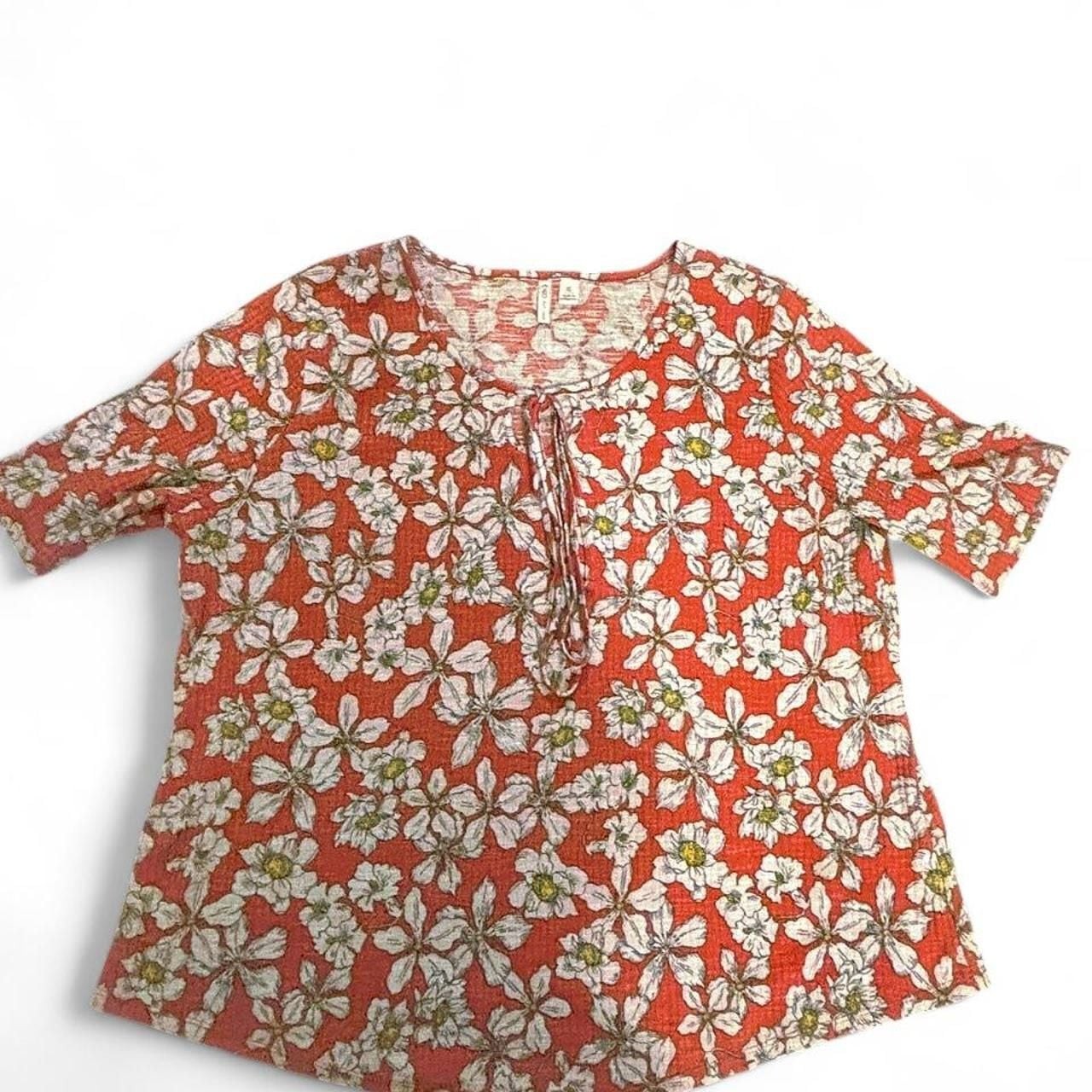 Cato Floral Blouse Size XL Red White Tie Neck Short Sleeve Cato Floral Blouse Size XL Red White Tie Neck Short Sleeve