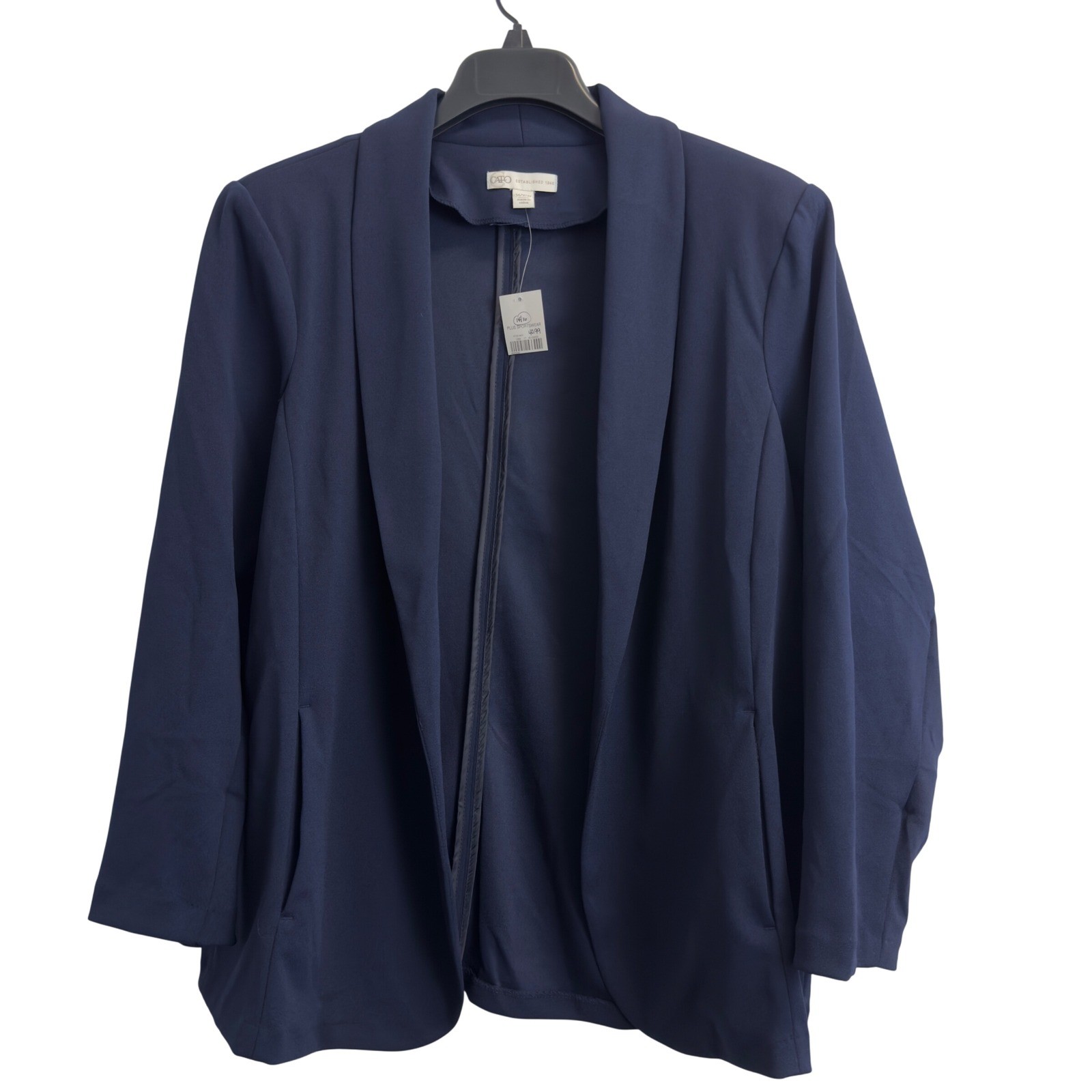 NEW Cato Womens Plus Size 14/16 Pitch Navy Open Front Shawl Collar Blazer Jacket