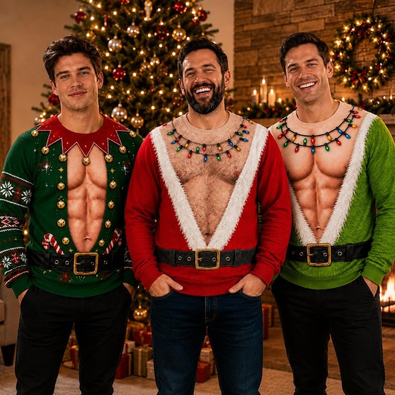 Funny Ugly Christmas Sweater Men Fake Abs Hairy Chest Santa Elf Party Sweatshirt