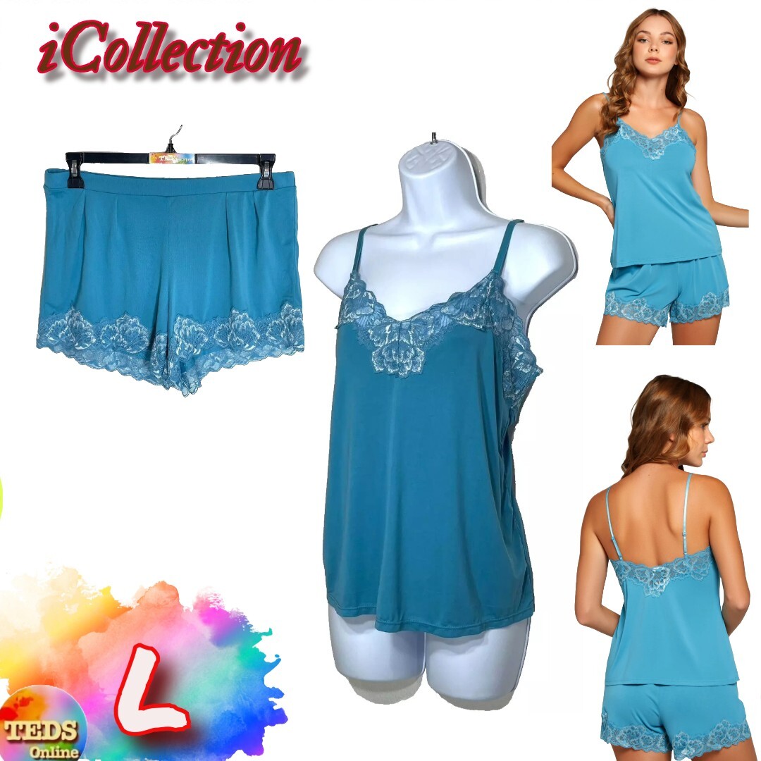 NWT iCollection Women\'s L Soft Knit Lace Trim Short Pajama Set Blue 78057