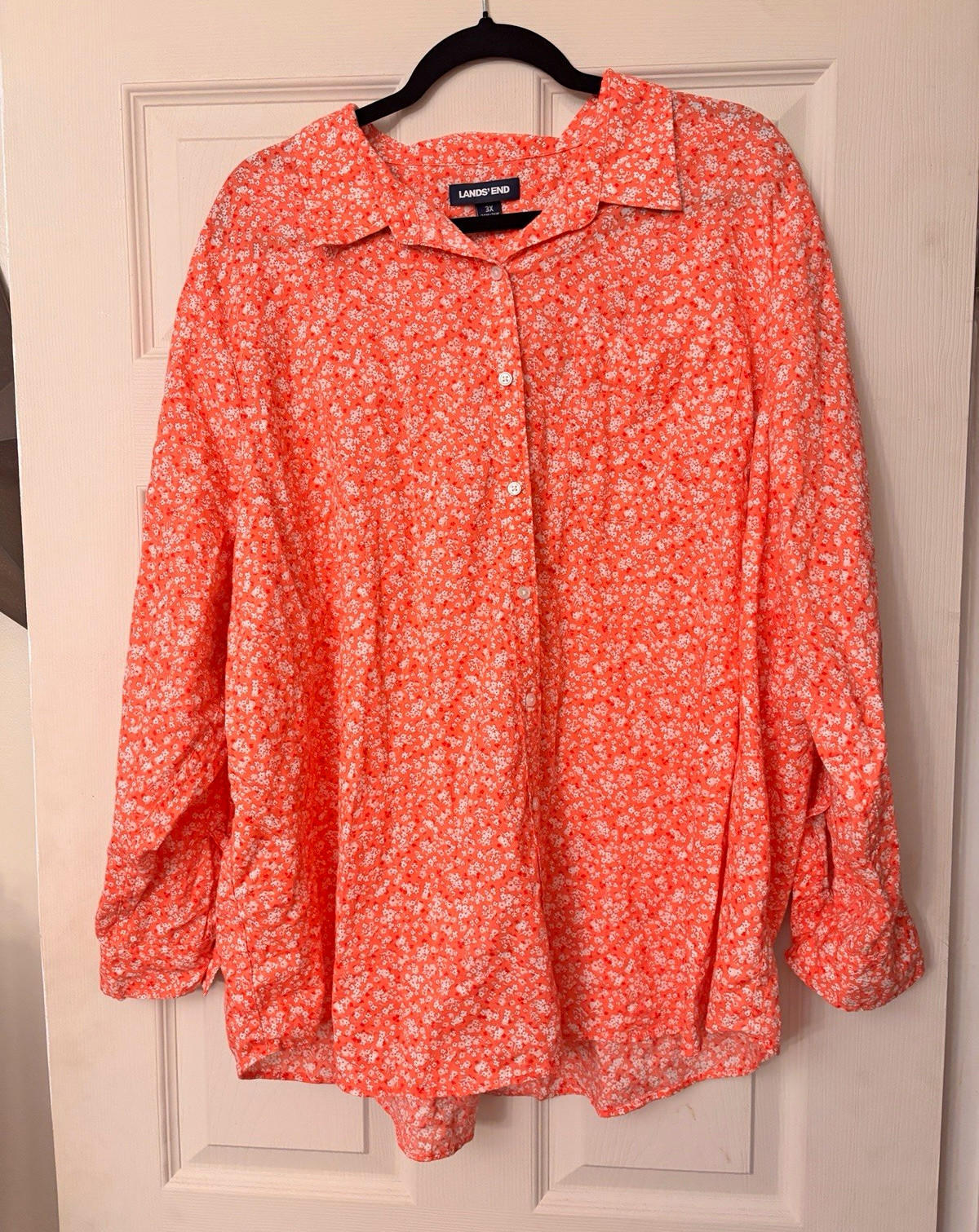 Lands\' End Women\'s Plus 3X Red/White Floral Collared Long Sleeve Blouse