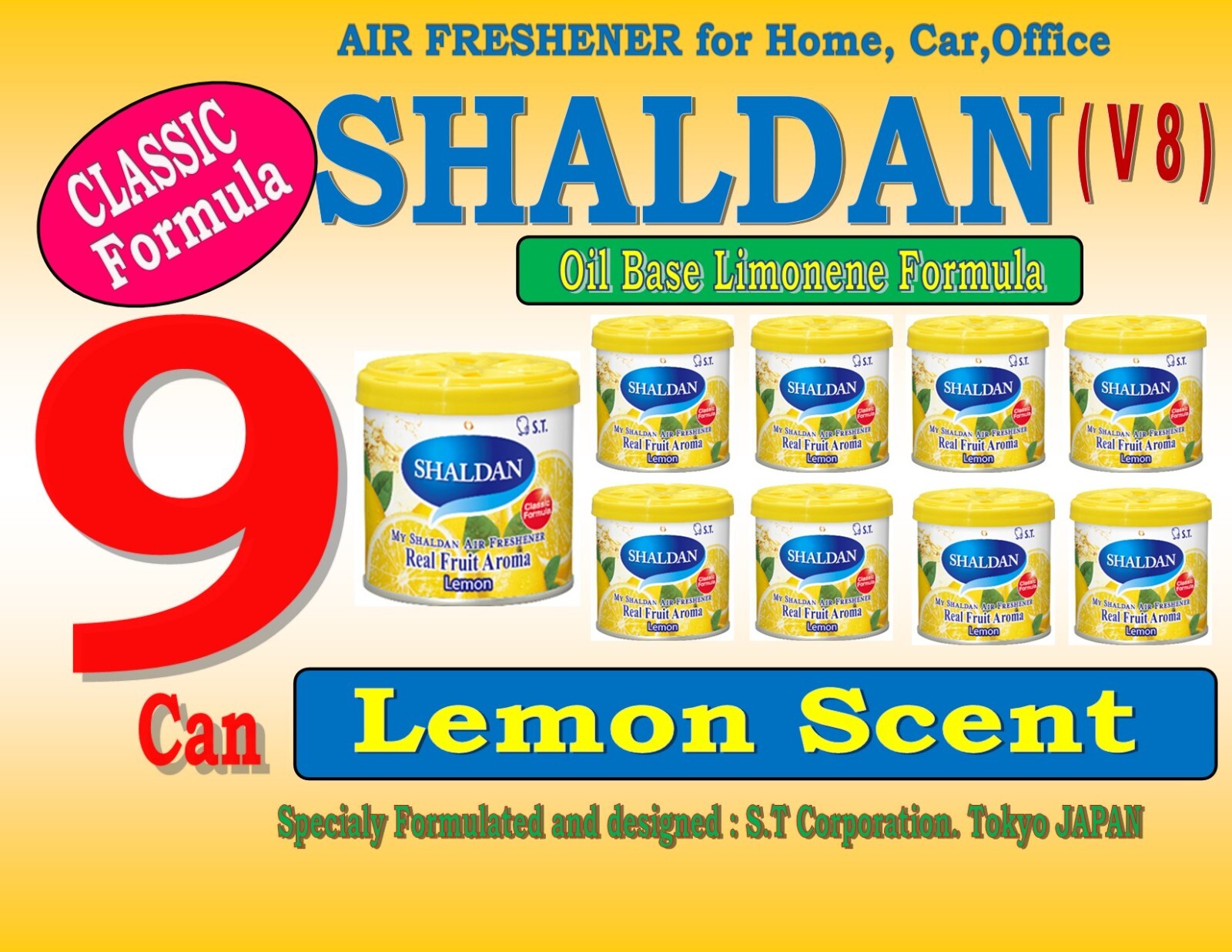 9 Can SHALDAN V8- CLASSIC Formula -Home Car Office Air Freshener- LEMON Scent
