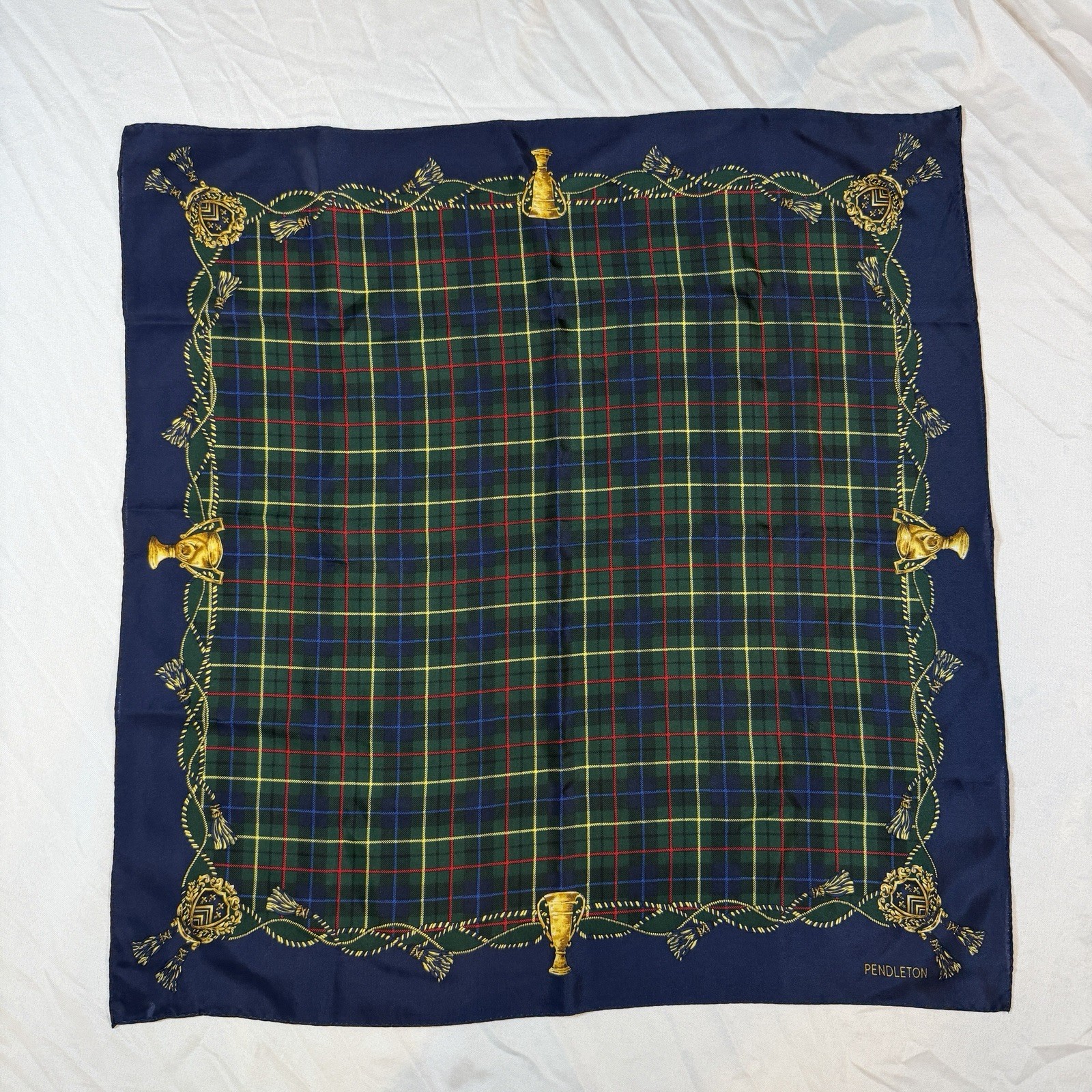 Vintage Pendleton Silk Scarf Blue Green Tartan Plaid W/ Trophy Equestrian Preppy