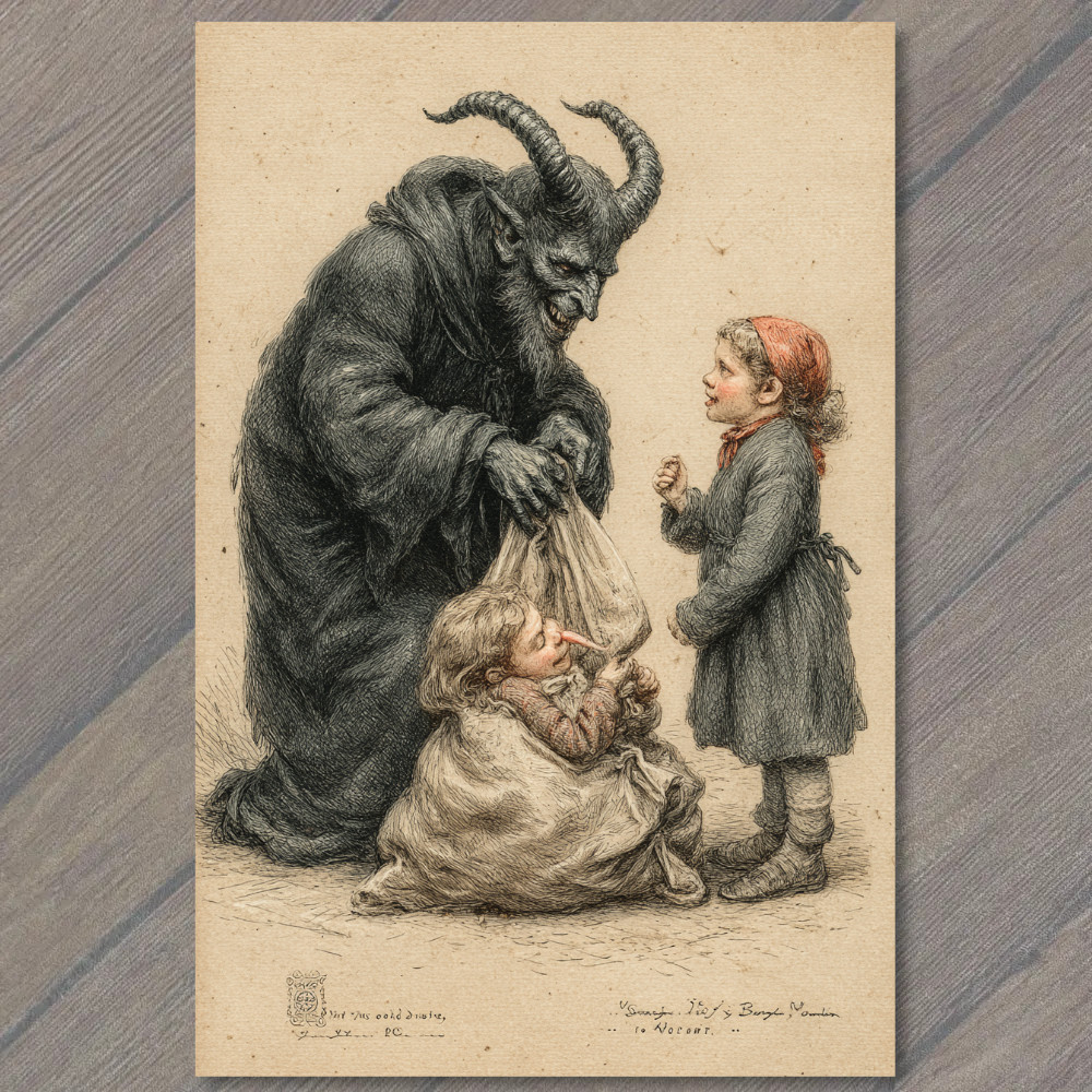 POSTCARD Krampus Carrying Child Sack Creepy Christmas Folklore Devil Vintage Sty POSTCARD Krampus Carrying Child Sack Creepy Christmas Folklore Devil Vintage Sty