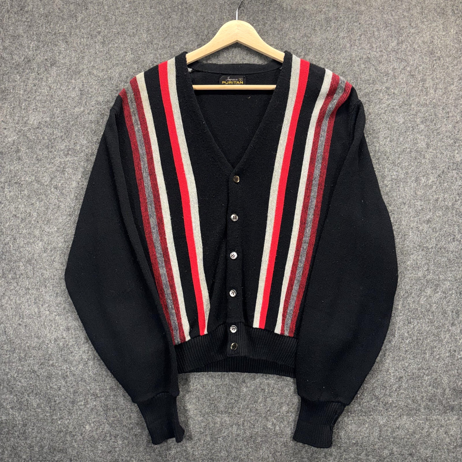 Vintage 50s 60s Cardigan Sweater Mens Large Black Red Orlon Acrylic Puritan USA