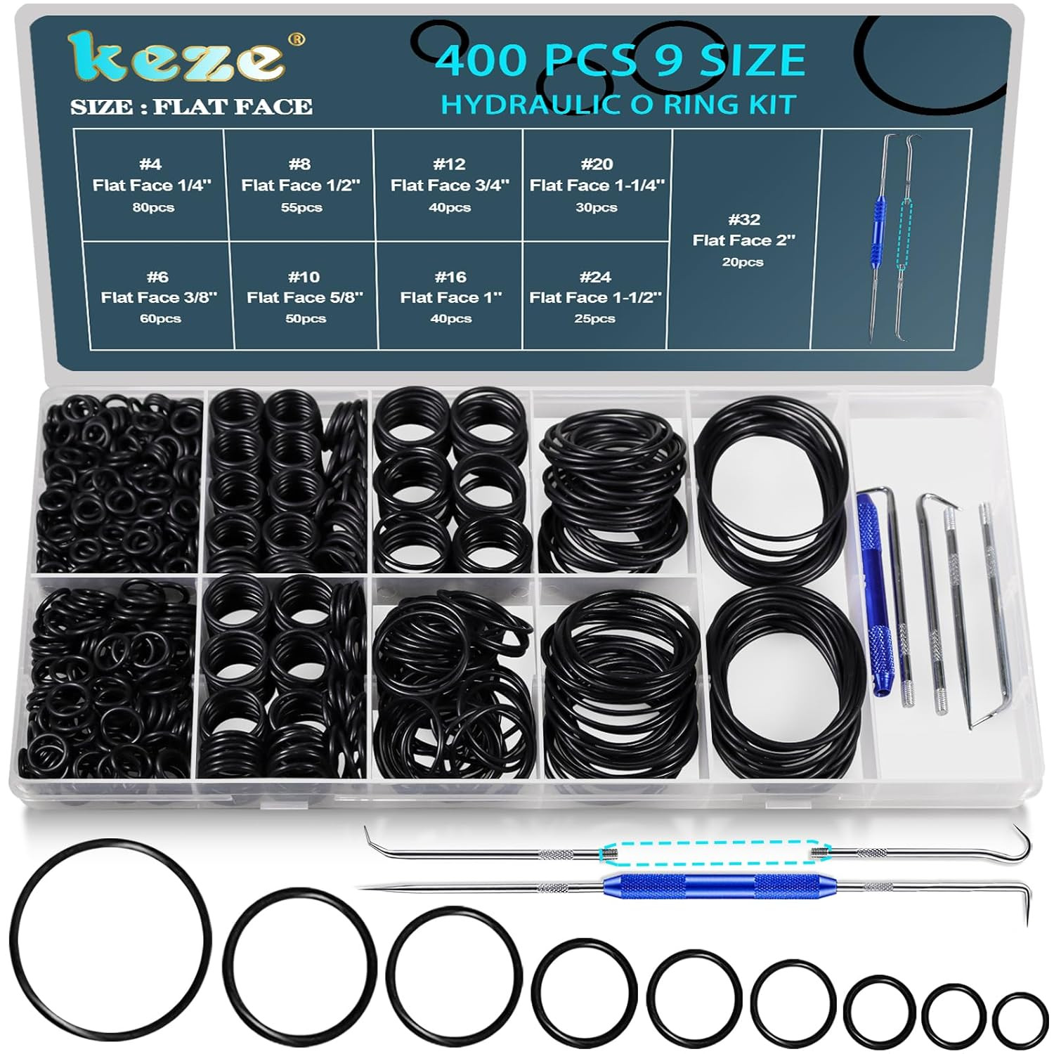 400 PCS Hydraulic O Ring Kit Buna N 70A ORFS Flat Face Fittings Seal Set 9 Sizes 400 PCS Hydraulic O Ring Kit Buna N 70A ORFS Flat Face Fittings Seal Set 9 Sizes