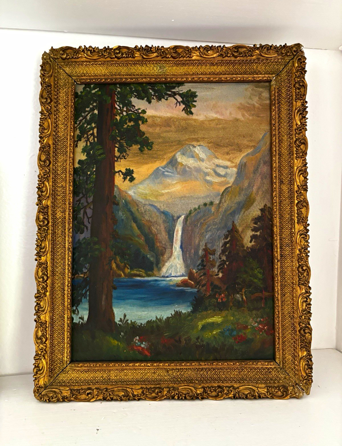 Antique 19th century oil on board landscape waterfall painting Giltwood frame Antique 19th century oil on board landscape waterfall painting Giltwood frame
