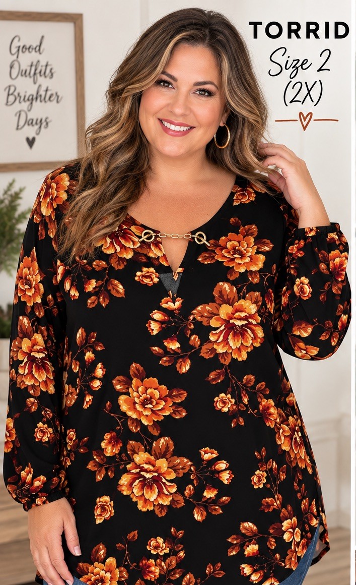 Torrid Black Floral Long Sleeve V-Neck Shift Top Rayon Chain Accent Size 2X
