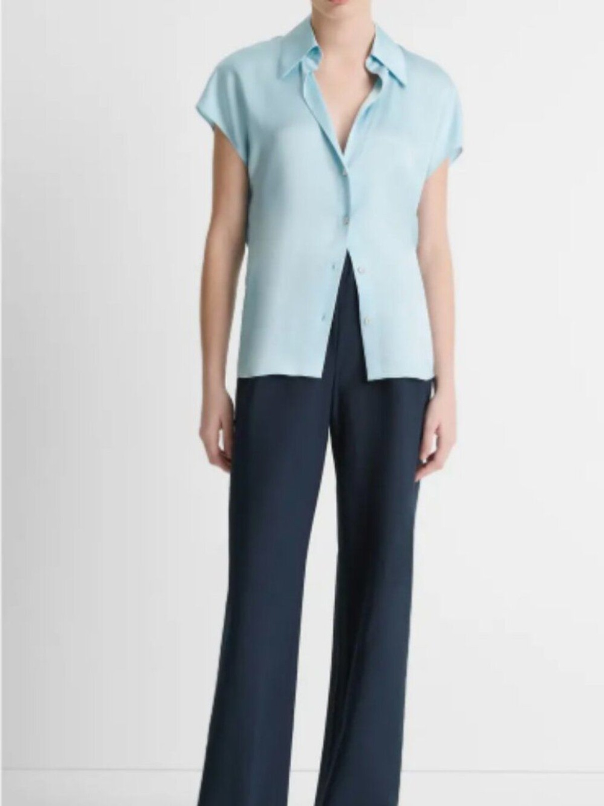 NWT Vince Satin Silk Cap-Sleeve Ruched-Back Blouse Shirt Baby Blue Medium M New