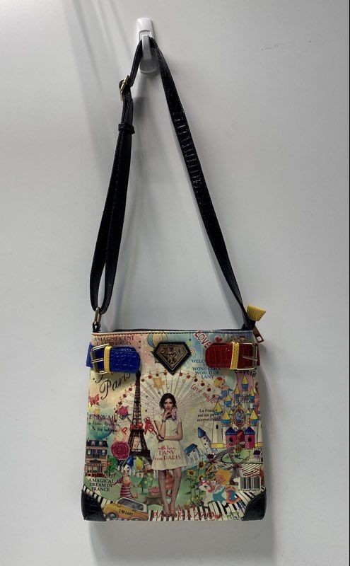 LANY Paparazzo Multicolor Paris France Theme Crossbody Bag Black Trim