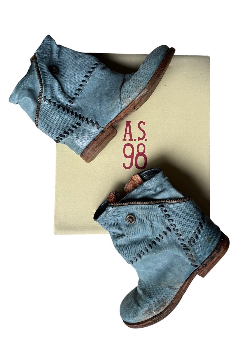 A.S.98/Airstep Bootie Blue Woven & stitched Leather Ankle Biker Boots 6.5