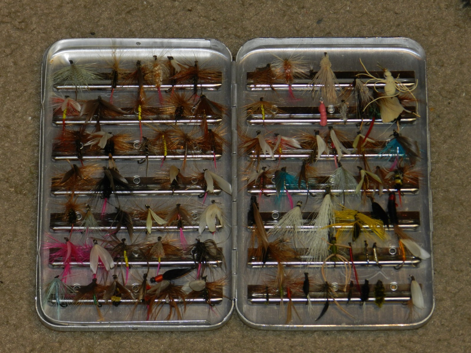 Lot of Hand Tied Fly Fishing Flies in Vintage Perrine Aluminum Fly Box