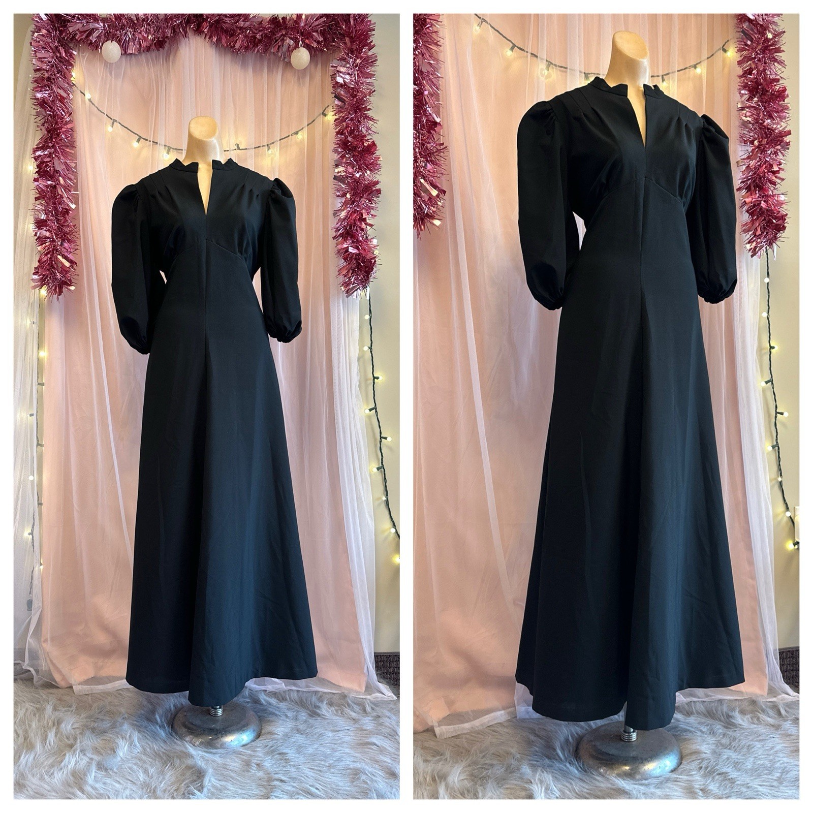 Vintage 70s Black Maxi Hostess Dress A Line Handmade Whimsy Retro Boho L