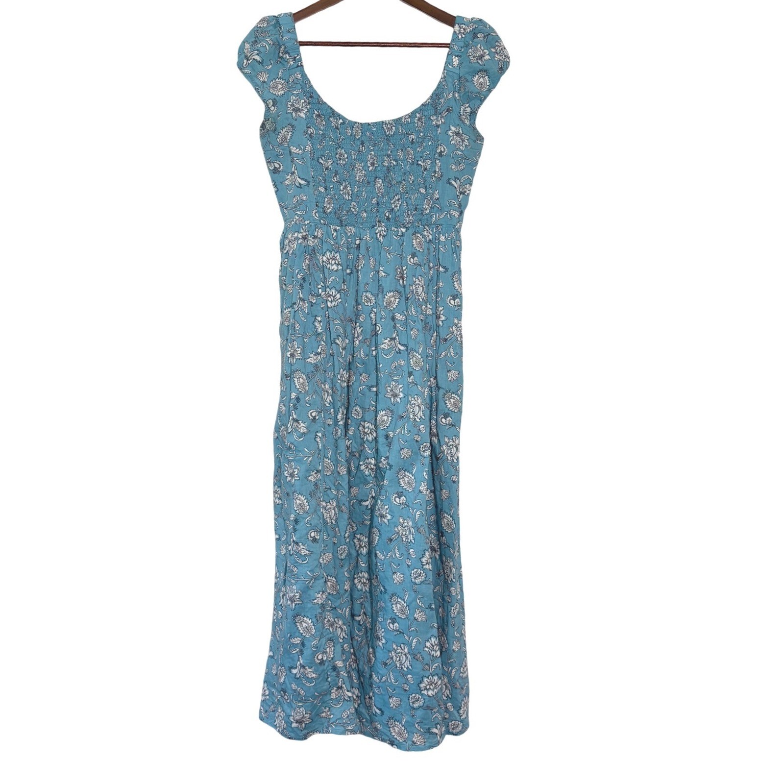 Boden Teal Blue Floral Smocked Midi Dress Cotton 100% Petite US 6P UK 10P