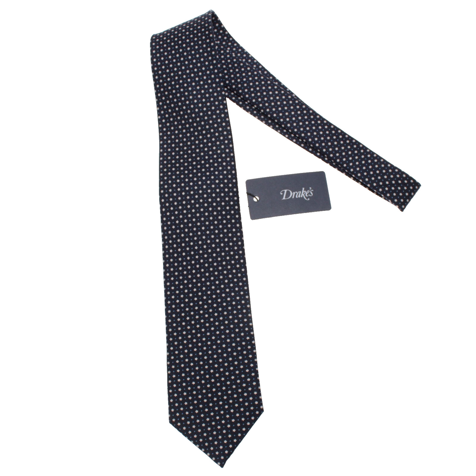 Drake\'s NWT Neck Tie in Navy w/ White & Blue Mini Geometric Pattern 100% Silk
