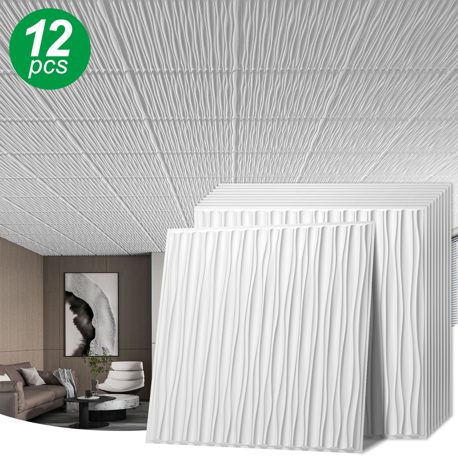 Art3d 12PCS 24x24 PVC Ceiling Tiles 3D Waterproof Paintable Wall Panels 48 sq.ft