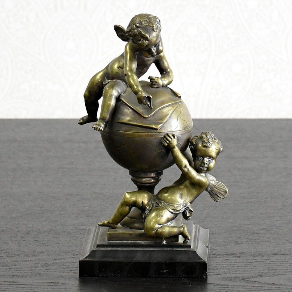 Unsigned Antique Mapmaking Cherubs Figural Bronze Inkwell Unsigned Antique Mapmaking Cherubs Figural Bronze Inkwell