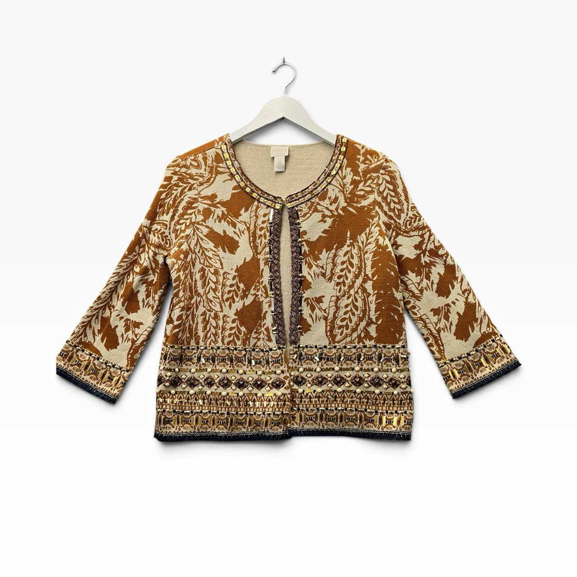 Chico\'s Women’s Size 0 Brown Beige Floral 3/4 Sleeve Knit Cardigan Beaded