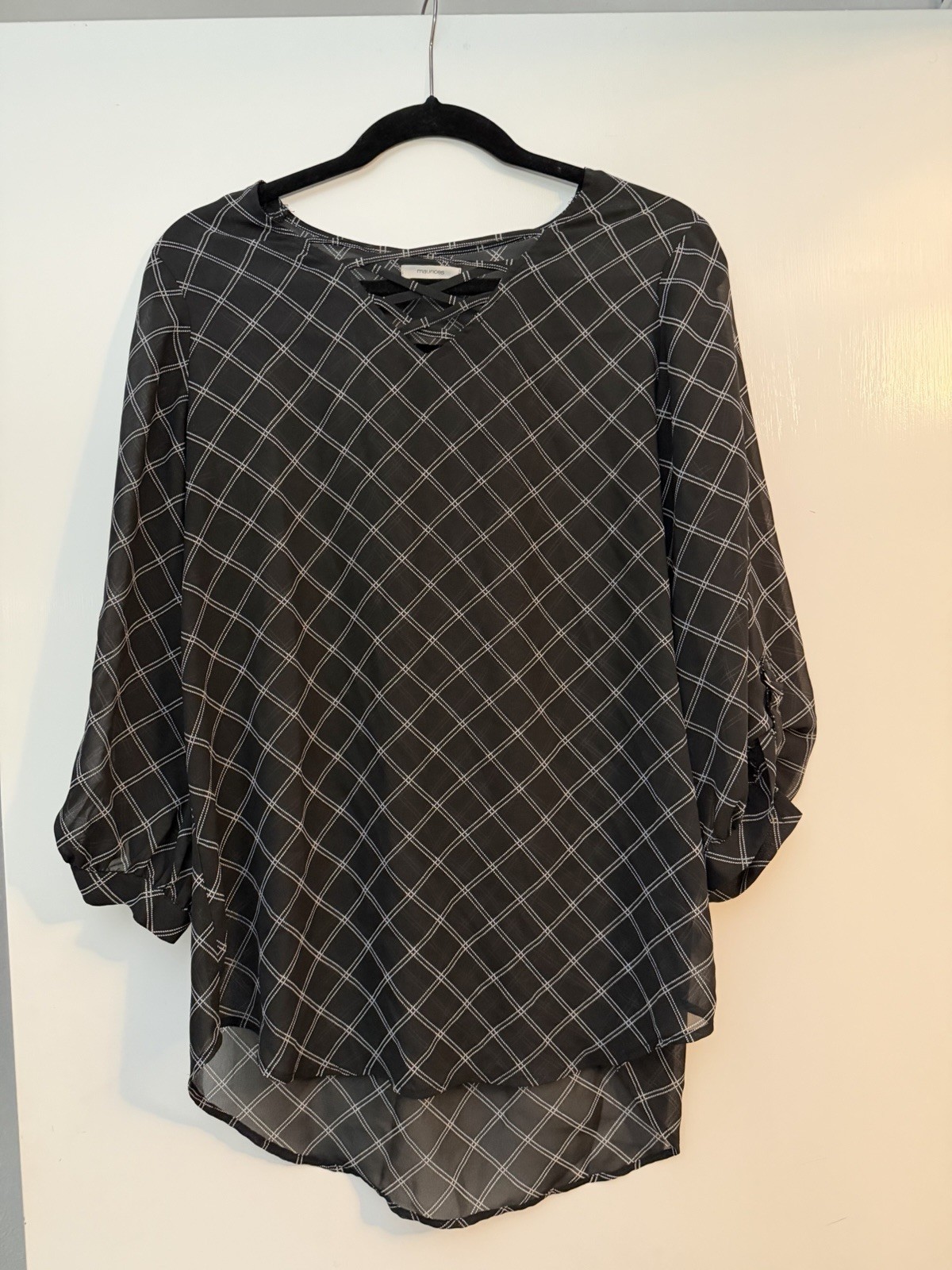 maurices Black & White Plaid Criss-Cross V-Neck 3/4 Sleeve Blouse M