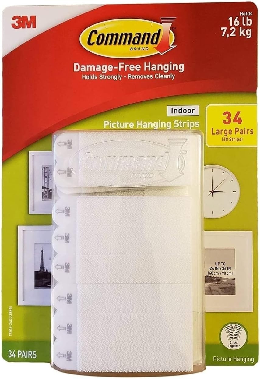 3M Command Picture Hanging Strips 34 Pairs 68 Large Strips Hold 16 lbs 3M Command Picture Hanging Strips 34 Pairs 68 Large Strips Hold 16 lbs