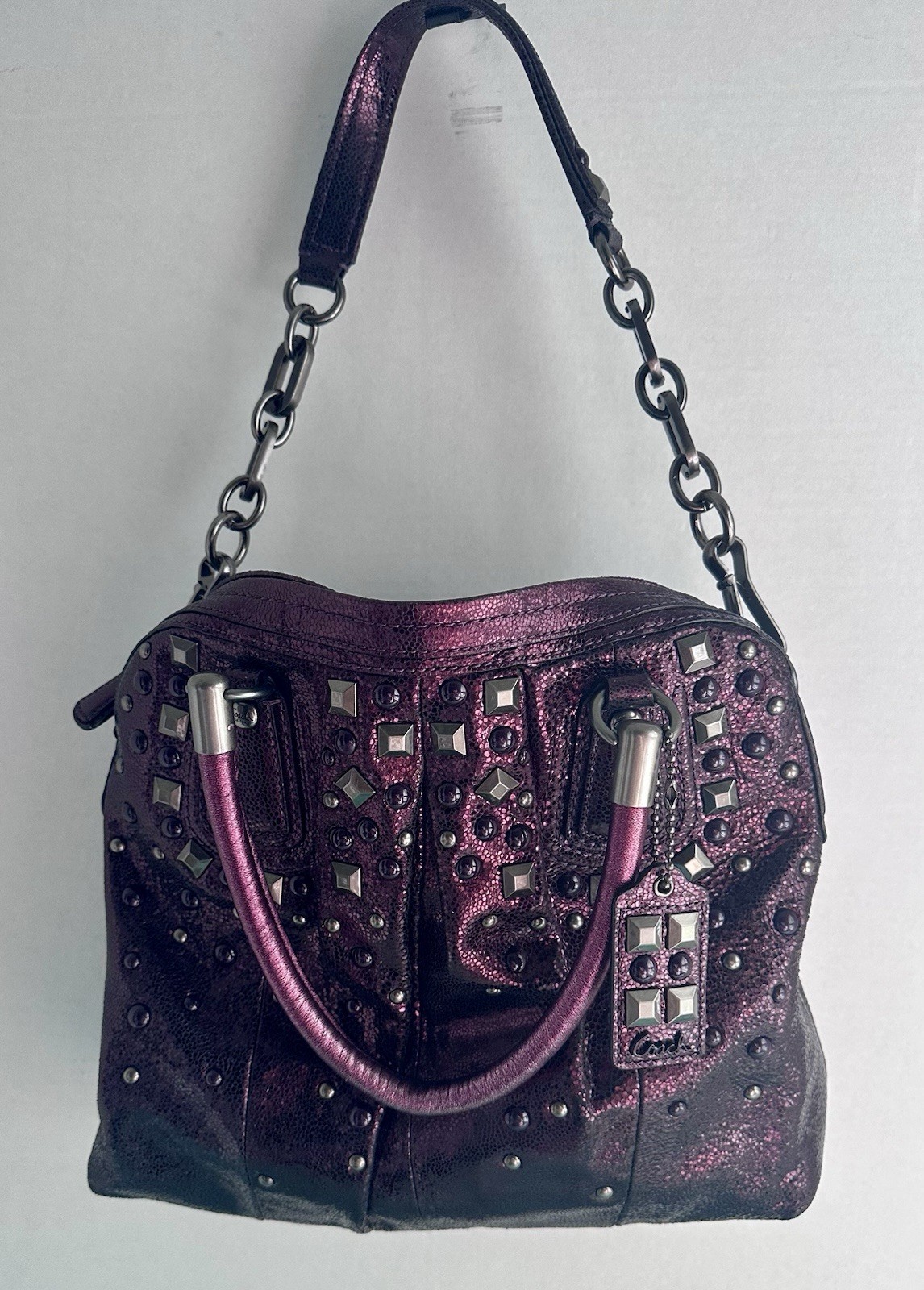 Coach Kristin Metallic Purple Leather Studded Satchel Bag ￼