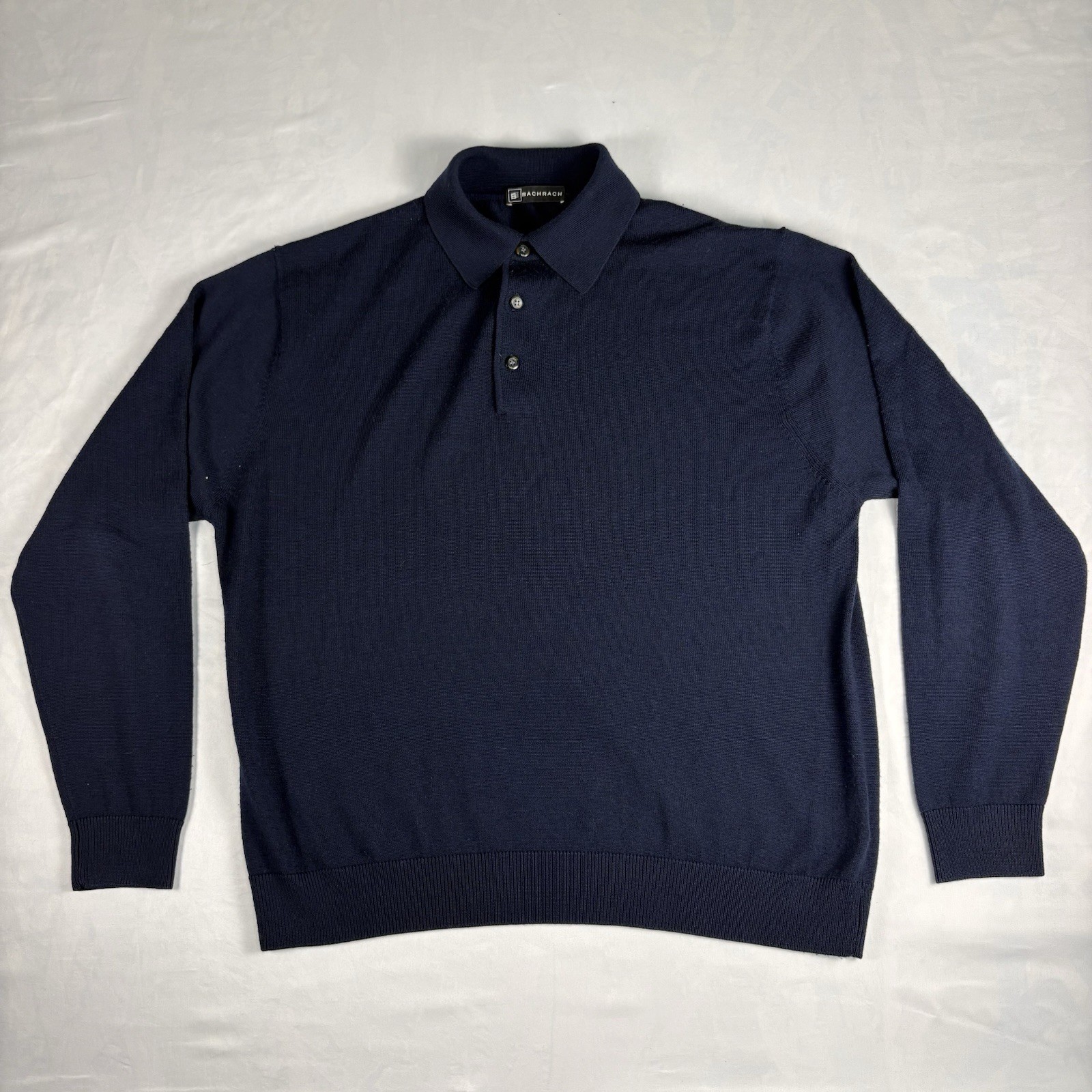 Vintage Bachrach Men’s L Navy Solid 100% Merino Wool Long Sleeve knit Polo
